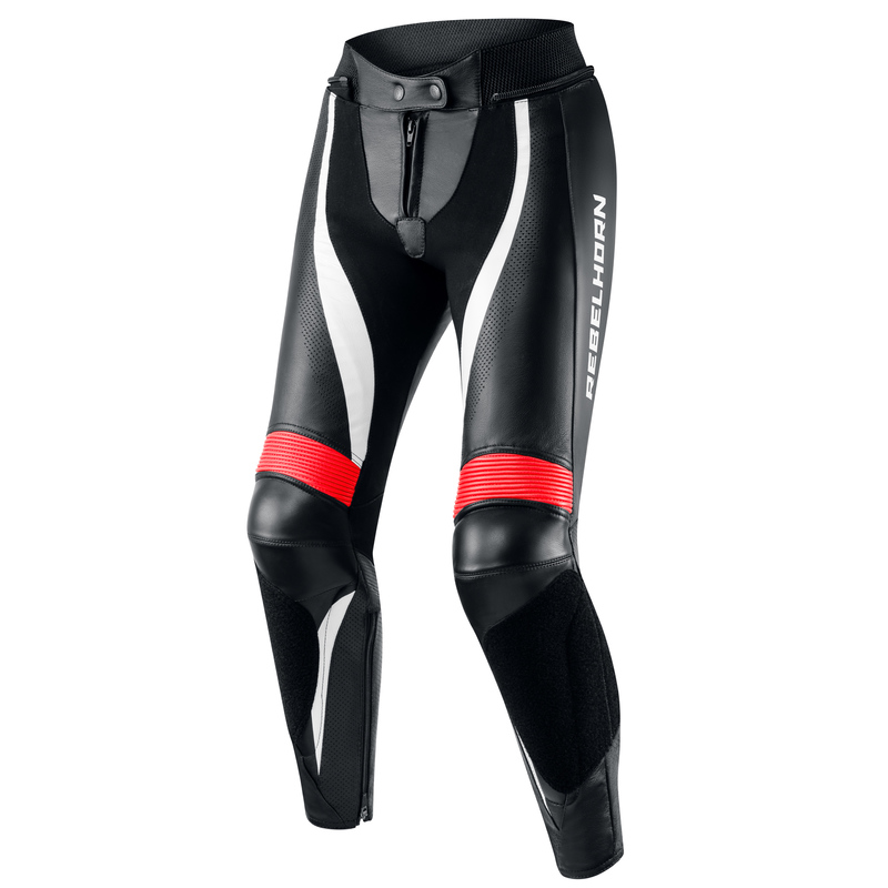 SPODNIE MOTOCYKLOWE SKÓRZANE DAMSKIE REBELHORN REBEL BLACK FLUO RED WHITE W36