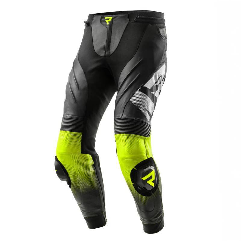 SPODNIE MOTOCYKLOWE SKÓRZANE REBELHORN INFERNO BLACK WHITE FLUO YELLOW 62