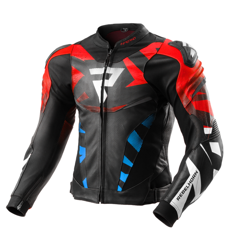 KURTKA MOTOCYKLOWA SKÓRZANA REBELHORN INFERNO BLACK BLUE WHITE RED 48