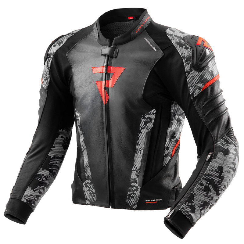 KURTKA MOTOCYKLOWA SKÓRZANA REBELHORN VELOCE CAMO BLACK GREY FLUO RED 48