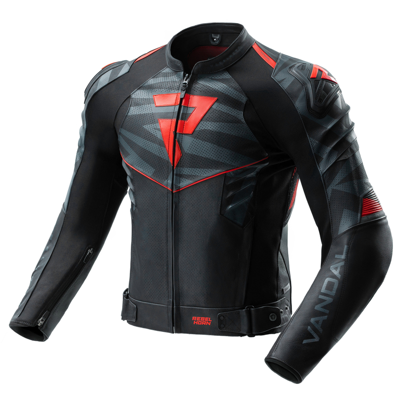 KURTKA MOTOCYKLOWA SKÓRZANA REBELHORN VANDAL 2 BLACK GREY FLUO RED 46