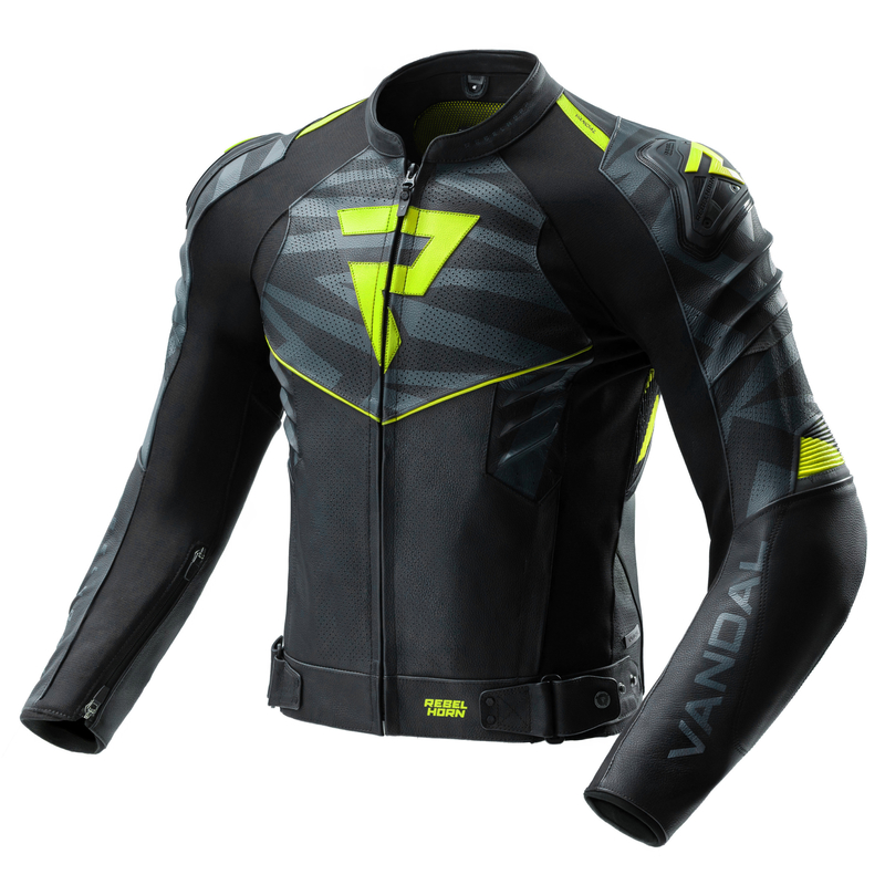 KURTKA MOTOCYKLOWA SKÓRZANA REBELHORN VANDAL 2 BLACK GREY FLUO YELLOW 48